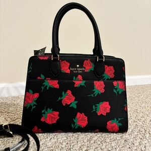 New Kate spade Madison Rose Toss Printed Medium Leather Satchel